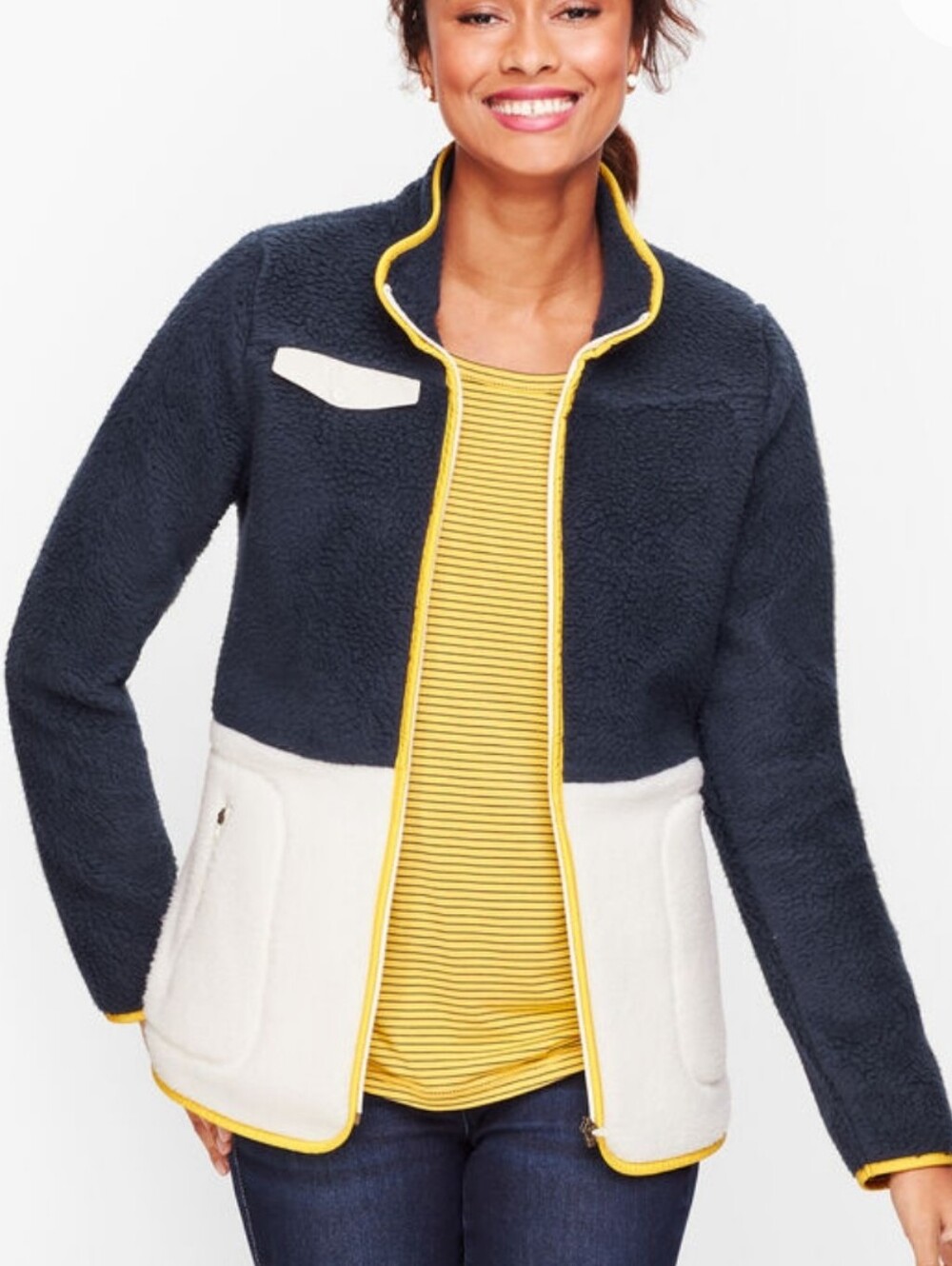 Talbots NWT Colorblock Navy and Cream Sherpa Zip Jacket with Yellow Trim Sz 3X